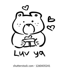 Vector illustration, line hand drawn bear with a gift and heart signs and lettering "LUV YA". Applicable for Saint Valentine's Day concepts, love designs, greeting cards, banners, coloring books etc.