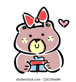 Vector illustration, line hand drawn girl bear with a gift. Applicable for Happy Birthday concepts, free gifts promo designs, greeting cards, banners, flyers etc.
