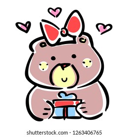 Vector illustration, line hand drawn girl bear with a gift and heart signs. Applicable for Saint Valentine's Day concepts, love designs, greeting cards, banners, flyers etc.