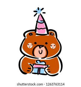 Vector illustration, line hand drawn brown bear with a gift and Happy Birthday hat. Applicable for free gift promo concepts, celebration designs, greeting cards, banners etc.