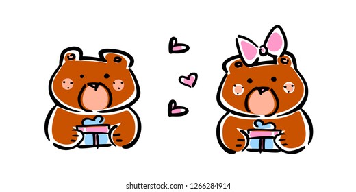 Vector illustration, line hand drawn brown bears set with a gift and heart signs. Applicable for Saint Valentine's Day concepts, love designs, greeting cards, banners, flyers etc.