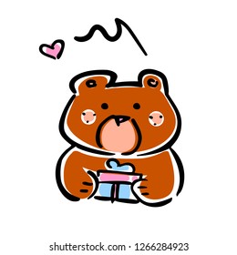Vector illustration, line hand drawn brown bear with a gift and heart signs. Applicable for Saint Valentine's Day concepts, love designs, greeting cards, banners, flyers etc.