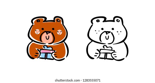 Vector illustration, line hand drawn brown bear with a gift. Colored and unpainted. Applicable for free gift promo concepts, celebration designs, greeting cards, banners, coloring books etc.