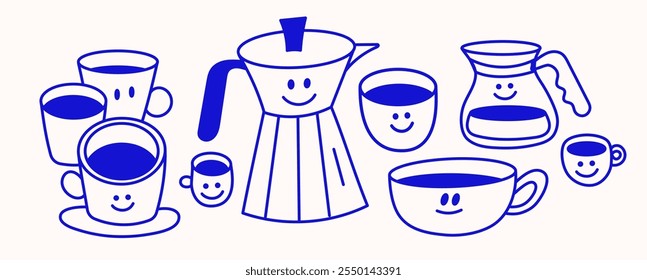 Vector illustration in line minimal style, happy characters, coffee cups