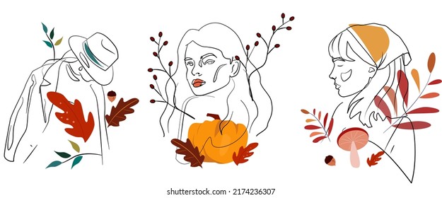 Vector illustration with a line in a minimalist style. A set of girls with an autumn pattern. Pattern of colored leaves, mushrooms, acorns, pumpkin. A set of autumn attributes. Girls drawn with lines