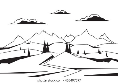 Vector illustration: Line Mountains background with road, pines and hills.