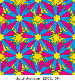Vector illustration. A line of neck, bags, textiles for your design. Folkloric ethnic magenta, blue and yellow embroidery floral seamless pattern.