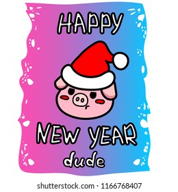 Vector illustration, line pig, the sign of New Year 2019, and hand drawn lettering "Happy New Year". Can be used for funny greeting cards, promo banners, t-shirt prints.