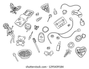 Vector illustration with a line set of things from the 90s.. 90's style vector isolated objects and graphic elements. 