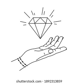 Ilustración vectorial del diamante brillante en la mano de la mujer. Símbolo brillante para cosméticos, joyas, productos de belleza. Concepto de bodas. Propuesta de matrimonio. Logo de la tienda de joyas. Gemstone en el brazo humano