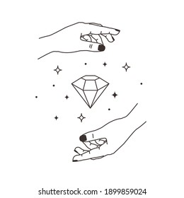 Vector illustration of line shining diamond in woman's hand. Brilliant symbol for cosmetics, jewellery, beauty products. Wedding concept. Marriage proposal. Jewellery store logo. Gemstone in human arm
