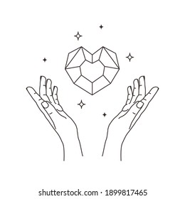 Ilustración vectorial del diamante en forma de corazón brillante en la mano de la mujer. Símbolo brillante para cosméticos, joyas, productos de belleza. Concepto de bodas. Logo de la tienda de joyas. Gemstone en el brazo humano