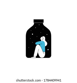 Vector illustration in line simple style with female character - loneliness and depression concept. Psychological problem