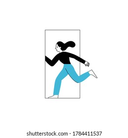 Vector illustration in line simple style with female character - loneliness and depression concept. Running and escaping, psychological problem.