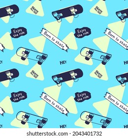 Vector Illustration of Line Skateboard with Word Hey. Skateboarding Seamless Pattern with Cartoon Skate Board. Line Art Style Skate Color Background for T-shirt and Paper Print