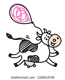 Vector illustration, line, sketched, doodled running or flying spotted cow with air balloon. Hand drawn, isolated. For package, poster, label designs, flyers, banners etc.