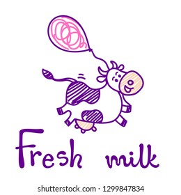 Vector illustration, line, sketched, doodled running or flying spotted cow with air balloon. Hand drawn, isolated, with "Fresh milk" lettering. For package, poster, label designs, flyers, banners etc.