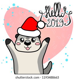 Vector illustration, line smiling otter with a big heart and hand drawn lettering "Hello 2019". Can be used for funny greeting cards, promo banners, t-shirt prints.