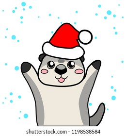 Vector illustration, line smiling otter in a Santa's hat. Can be used for funny Christmas or New Year greeting cards, promo banners, t-shirt prints etc.