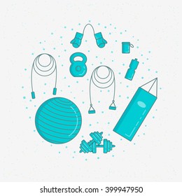 Vector illustration of line sport fitness equipment icons with flat design.
