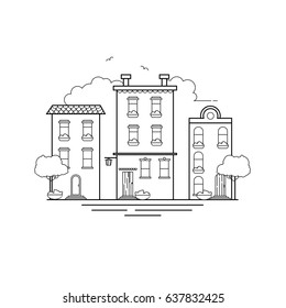 Vector illustration in line style - abstract city concept. Urban landscape for banners and websites headers