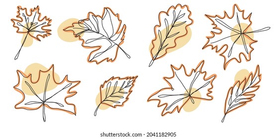 vector illustration in line style, collection of autumn leaves drawn by a line on a background of colored spots, autumn drawing of leaves and plants, image of natural elements