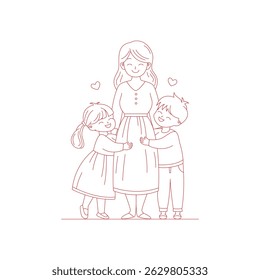 Ilustración vectorial de un diseño de estilo de línea de un niño que abraza a su madre, feliz diseño del día de la madre