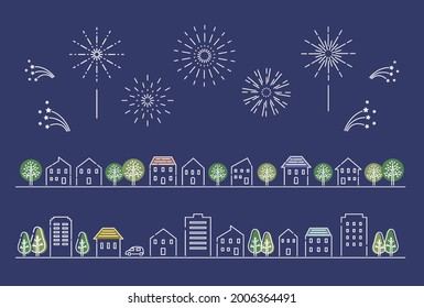 Vector illustration of line style fireworks and night townscape