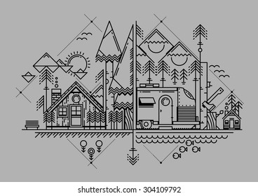 vector illustration with line style flat camping elements