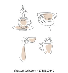 Vector illustration in line style. Set of cups with tea and coffee.