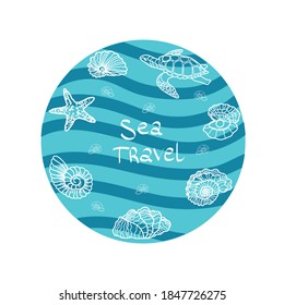 vector illustration with line turtles, starfish, shells on a circle background with blue aquamarine waves stripes