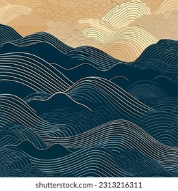 Vector illustration of a line wave pattern with a Japanese influence. This abstract template showcases a geometric pattern, featuring a layout design reminiscent of mountains in an oriental style.