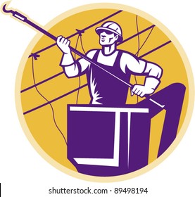 vector Illustration of a line worker power lineman on cherry picker holding a spear hook with power lines in background set inside a circle done in retro style.