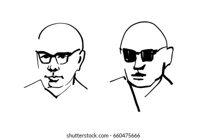 Vector illustration. Linear 2 portraits of a man on a white background.