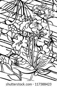 Vector illustration of linear black & white roses flowers drawing. Pattern / Background.