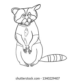 Vector illustration, linear black and white drawing, cartoon, funny raccoon and carrot