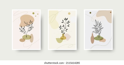 Vector illustration, linear branches, outlines of petals with a delicate abstract decor for wall art on a light background. A set of templates, composition with design, for covers, cards, notebooks.