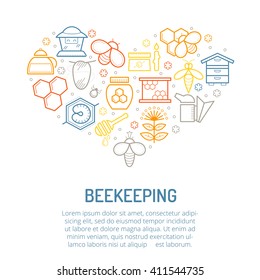 Vector illustration with linear colorful honey and beekeeping icons. Beekeeping signs forming a heart shape. Business color palette of yellow, orange and blue tints