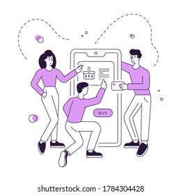 Vector illustration of linear contemporary people choosing and paying for merchandises in basket while using smartphone to do online shopping together