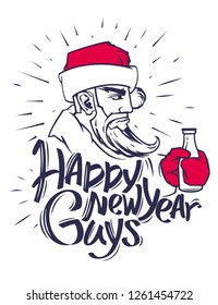 vector illustration of a linear cool santa claus with a bottle of milk happy new year guys on a white background