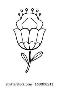 Vektorillustration mit linearer dekorativer Blume auf weißem Hintergrund im Cartoon-Stil für Textilien, Verpackungsdesign, Papier.