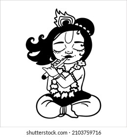 Vector illustration of a linear doodle drawing of cute kind little Krishna Gopal sitting and playing the flute. Simple stylized drawing. Children's character.  