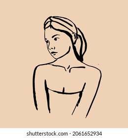 Vector illustration. Linear drawing of a beautiful woman in a headdress. The body is positive. Handicraft compositions of natural forms. Female silhouettes for wall art. Modern bohemian illustrations.