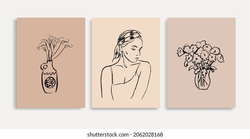 Vector illustration. Linear drawing of a beautiful woman in a headdress. Handicraft compositions of natural forms. Female silhouettes for wall art. Modern bohemian illustrations.