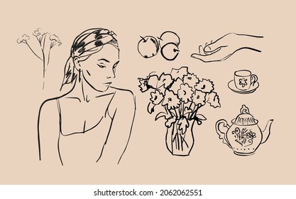 Vector illustration. Linear drawing of a beautiful woman in a headdress. Handicraft compositions of natural forms. Female silhouettes for wall art. Modern bohemian illustrations.