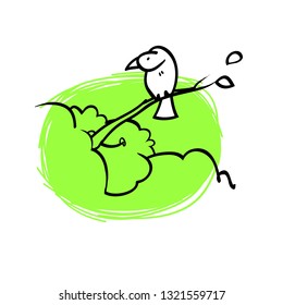 Vector illustration, linear drawing, bird on tree