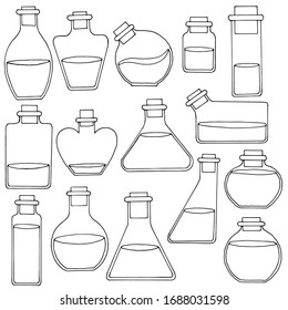 vector illustration, linear drawing in black and white, set of test tubes, jars of different shapes, isolate on a white background