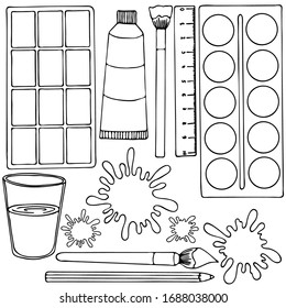 vector illustration, linear drawing in black and white, set for drawing, paint, brush, pencil, ruler, isolate on a white background