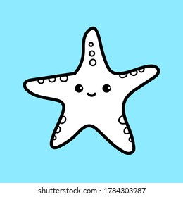 vector illustration a linear drawing chibi starfish. Cartoon character starfish drawn by hand line on a blue backgroung