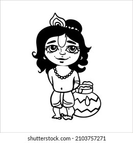 Vector Illustration Linear Drawing Doodle Cute Kind Little Krishna Gopal With A Pot Of Creamy Yogurt. Simple Stylized Drawing. Children's Character. 